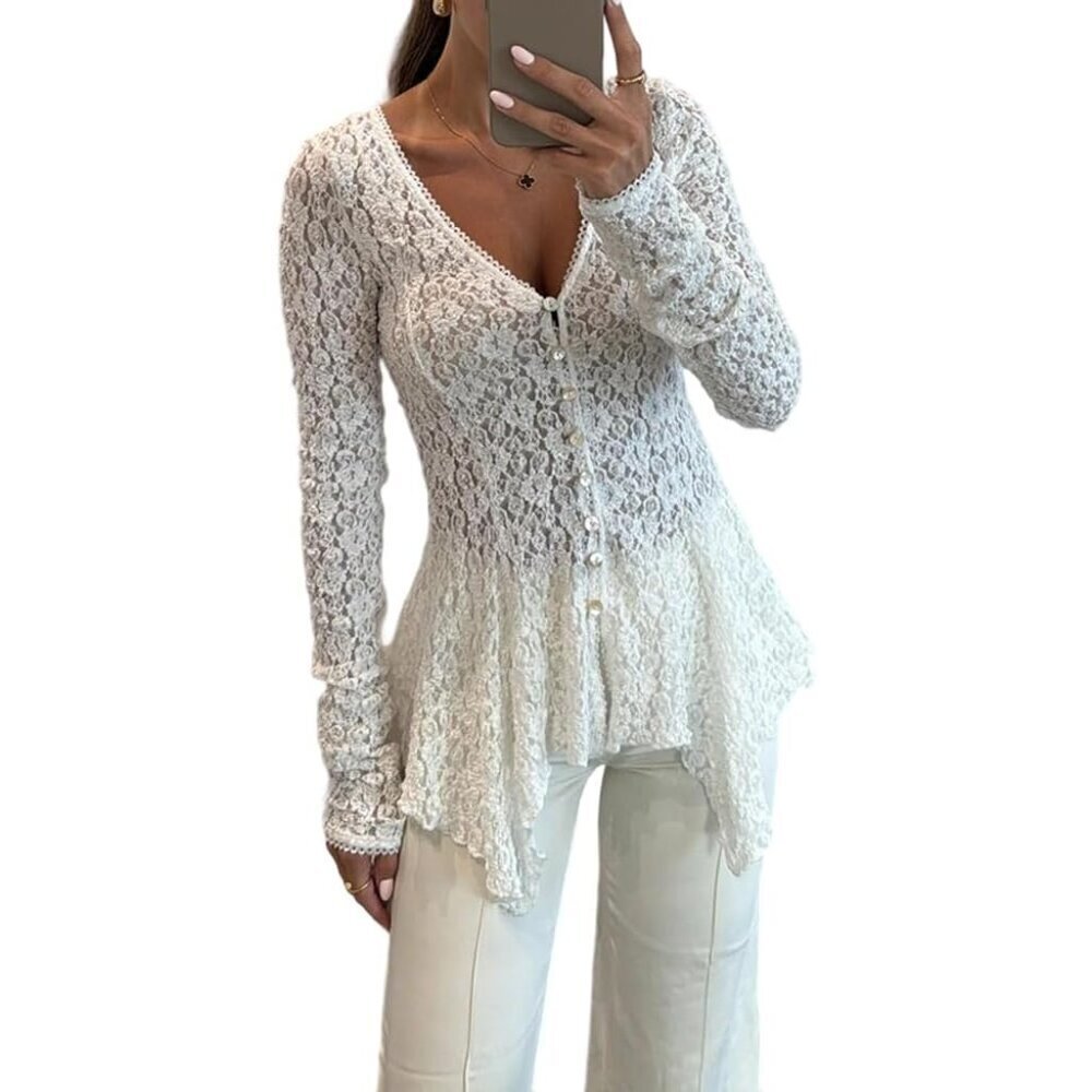 Lace Blouse V Neck Pearl Buttons Asymmetrical Ruffles Long Sleeve Womens